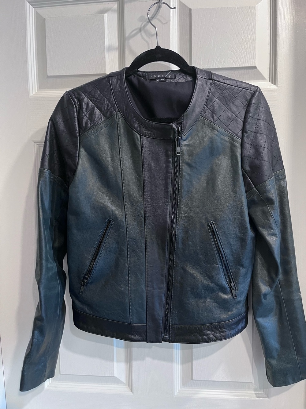 THEORY Black and green Leather Zip Front moto Jacket with Quilted Shoulders